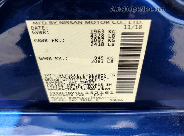 1N4BL4BV4KC152161 2019 NISSAN ALTIMA Blue ძრავის განყოფილების ხედი
