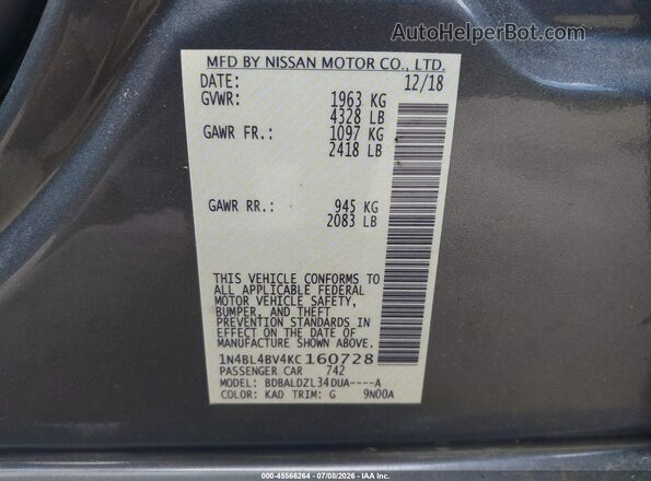 1N4BL4BV4KC160728 2019 NISSAN ALTIMA Серый Вид подкапотного пространства