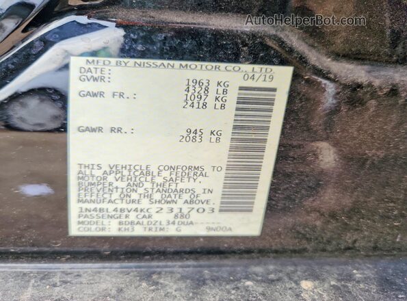 1N4BL4BV4KC231703 2019 NISSAN ALTIMA Black VIN կոդի պիտակի տեսք