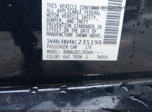 1N4BL4BV4KC235198 2019 NISSAN ALTIMA Black Շարժիչի բաժամունքի տեսք