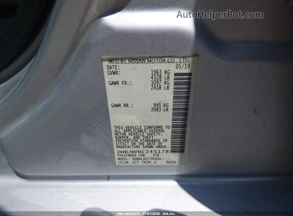1N4BL4BV4KC245178 2019 NISSAN ALTIMA Gray Widok komory silnika