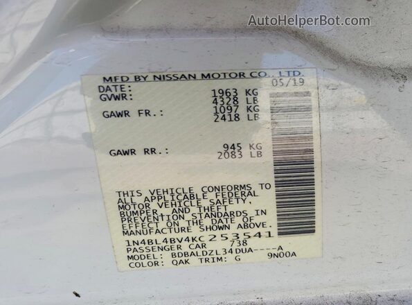 1N4BL4BV4KC253541 2019 NISSAN ALTIMA White ძრავის განყოფილების ხედი