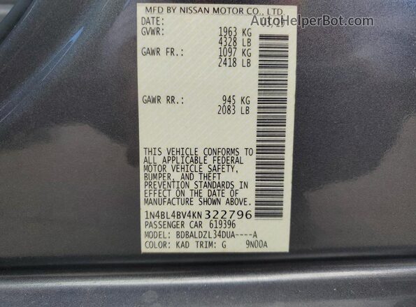 1N4BL4BV4KN322796 2019 NISSAN ALTIMA Gray Widok komory silnika