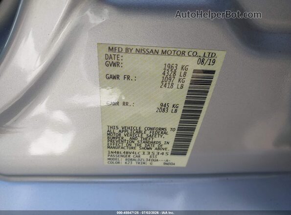 1N4BL4BV4LC135345 2020 NISSAN ALTIMA Серый Вид подкапотного пространства