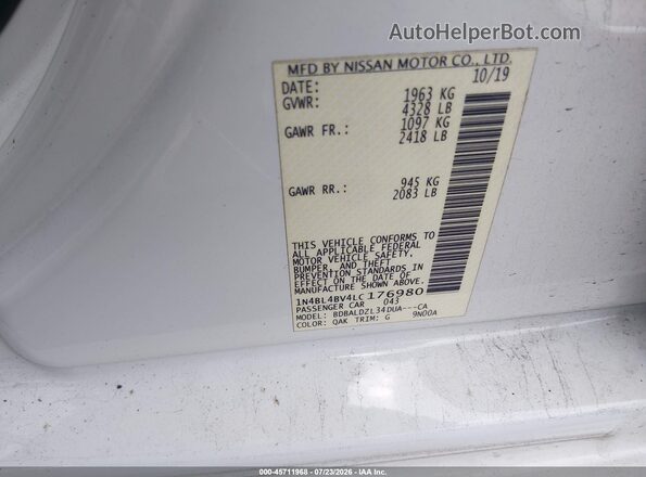 1N4BL4BV4LC176980 2020 NISSAN ALTIMA White Շարժիչի բաժամունքի տեսք