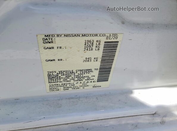 1N4BL4BV4LC217446 2020 NISSAN ALTIMA White Vista del compartimento del motor