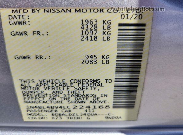 1N4BL4BV4LC224168 2020 NISSAN ALTIMA Silver ძრავის განყოფილების ხედი