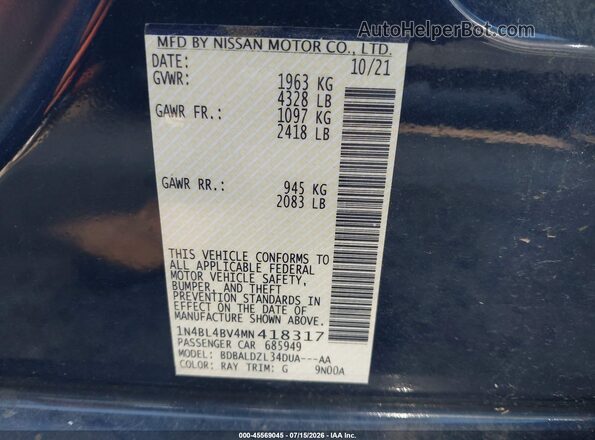 1N4BL4BV4MN418317 2021 NISSAN ALTIMA Dark Blue Vista del compartimento del motor