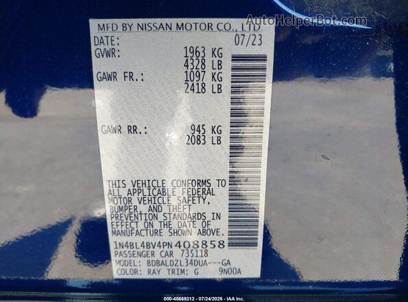 1N4BL4BV4PN408858 2023 NISSAN ALTIMA Blue Շարժիչի բաժամունքի տեսք