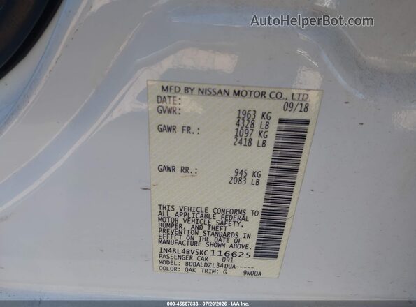 1N4BL4BV5KC116625 2019 NISSAN ALTIMA White ძრავის განყოფილების ხედი