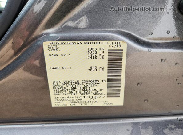 1N4BL4BV5LC131627 2020 NISSAN ALTIMA Gray Vista de la etiqueta del VIN