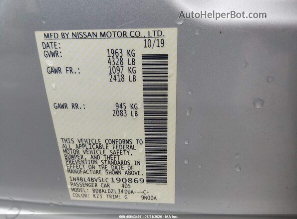 1N4BL4BV5LC190869 2020 NISSAN ALTIMA Silver Вид підкапотного простору
