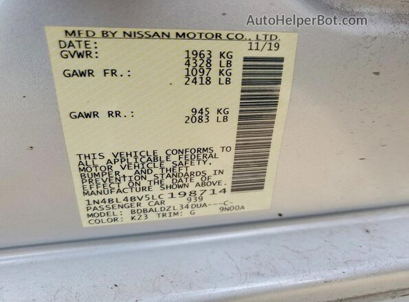 1N4BL4BV5LC198714 2020 NISSAN ALTIMA Silver Vista del compartimento del motor