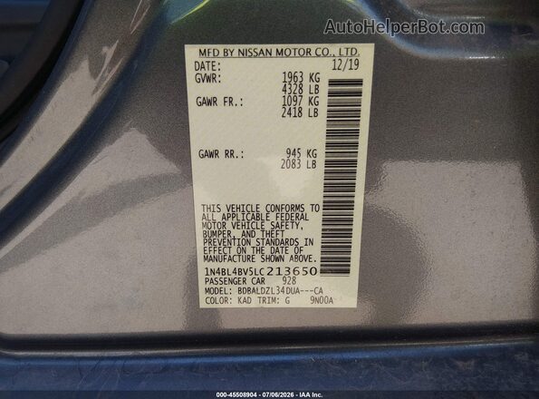 1N4BL4BV5LC213650 2020 NISSAN ALTIMA Gray Vista del compartimento del motor