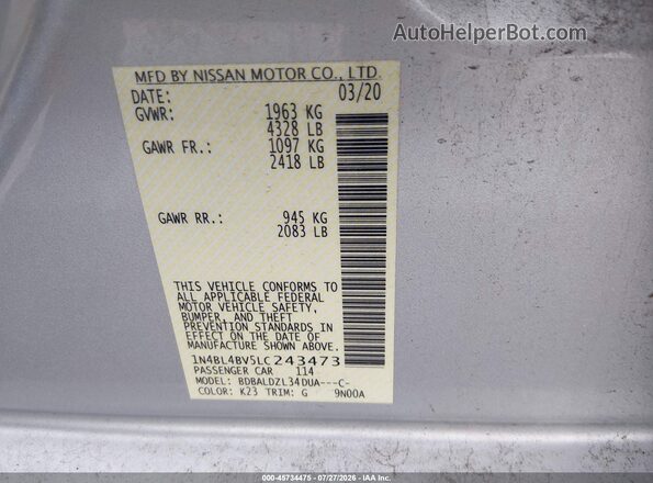 1N4BL4BV5LC243473 2020 NISSAN ALTIMA Gray Շարժիչի բաժամունքի տեսք