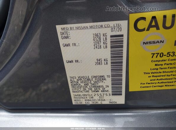 1N4BL4BV5LC255753 2020 NISSAN ALTIMA Gray Widok komory silnika