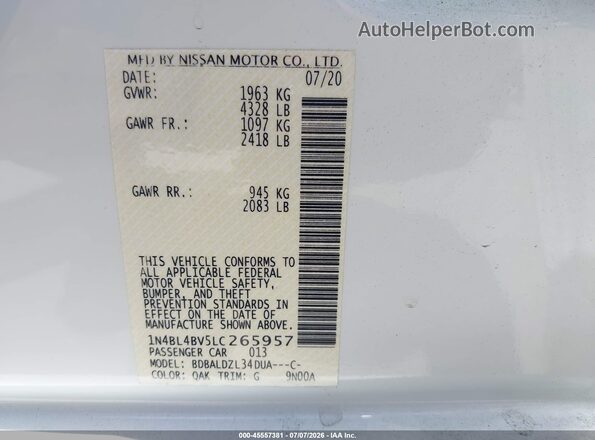 1N4BL4BV5LC265957 2020 NISSAN ALTIMA White Engine compartment view