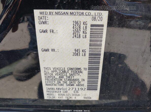 1N4BL4BV5LC271192 2020 NISSAN ALTIMA Черный Вид подкапотного пространства
