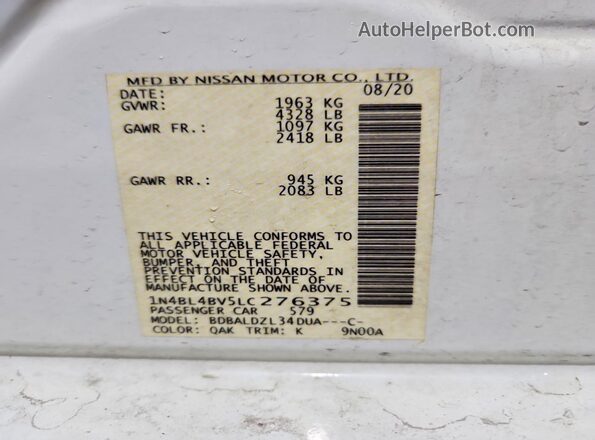 1N4BL4BV5LC276375 2020 NISSAN ALTIMA White Widok komory silnika