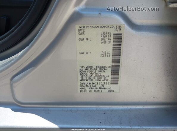 1N4BL4BV6KC131392 2019 NISSAN ALTIMA Silver Շարժիչի բաժամունքի տեսք
