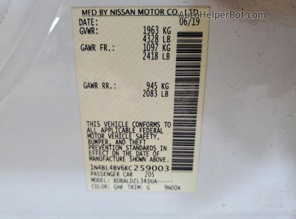 1N4BL4BV6KC259003 2019 NISSAN ALTIMA White Engine compartment view