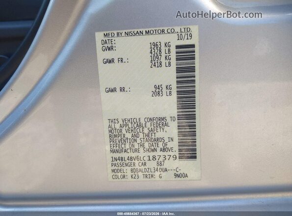 1N4BL4BV6LC187379 2020 NISSAN ALTIMA Gray Вид підкапотного простору