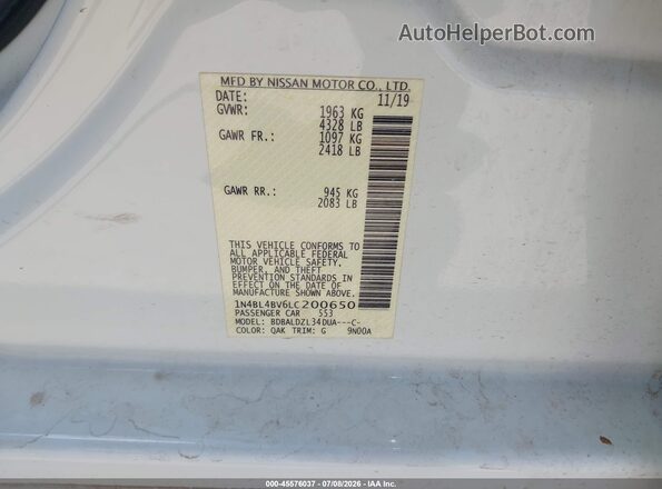 1N4BL4BV6LC200650 2020 NISSAN ALTIMA White Widok komory silnika