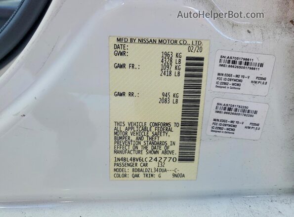 1N4BL4BV6LC242770 2020 NISSAN ALTIMA White VIN sticker view