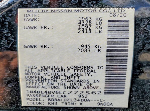 1N4BL4BV6LC272562 2020 NISSAN ALTIMA Black Engine compartment view