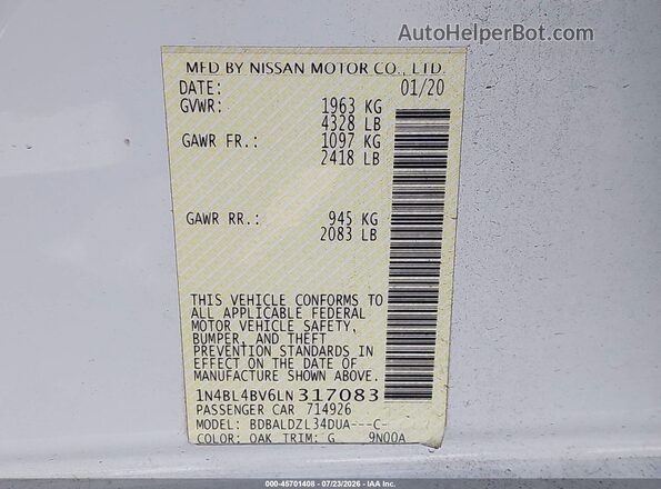 1N4BL4BV6LN317083 2020 NISSAN ALTIMA White ძრავის განყოფილების ხედი