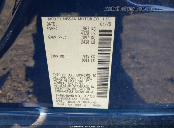 1N4BL4BV6LN319707 2020 NISSAN ALTIMA Blue Widok komory silnika
