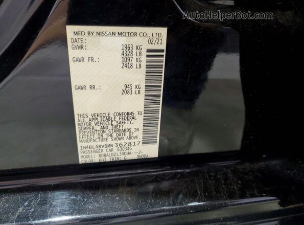 1N4BL4BV6MN362817 2021 NISSAN ALTIMA Black Widok naklejki z numerem VIN