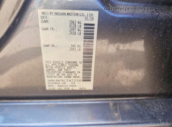 1N4BL4BV7KC247250 2019 NISSAN ALTIMA Gray ძრავის განყოფილების ხედი