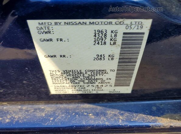 1N4BL4BV7KC254425 2019 NISSAN ALTIMA Blue Engine compartment view