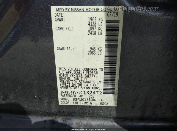1N4BL4BV7LC132472 2020 NISSAN ALTIMA Gray Engine compartment view
