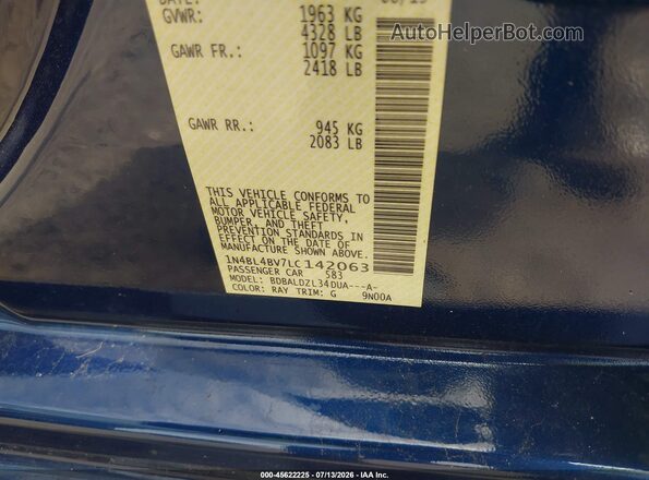 1N4BL4BV7LC142063 2020 NISSAN ALTIMA Blue Շարժիչի բաժամունքի տեսք