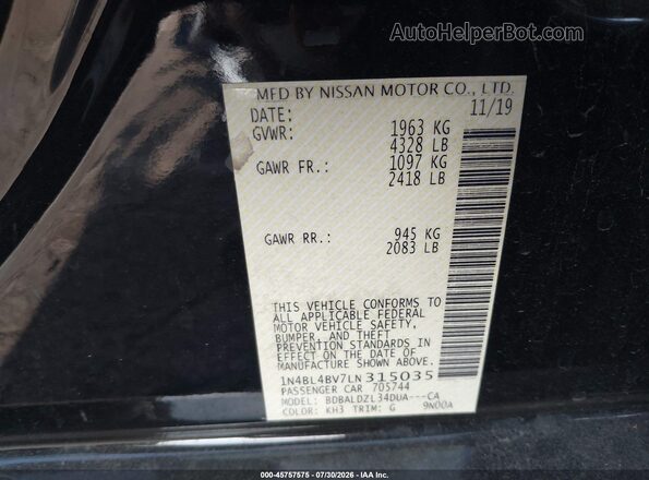1N4BL4BV7LN315035 2020 NISSAN ALTIMA Black ძრავის განყოფილების ხედი