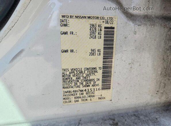 1N4BL4BV7NN415316 2022 NISSAN ALTIMA White VIN კოდის სტიკერის ხედი