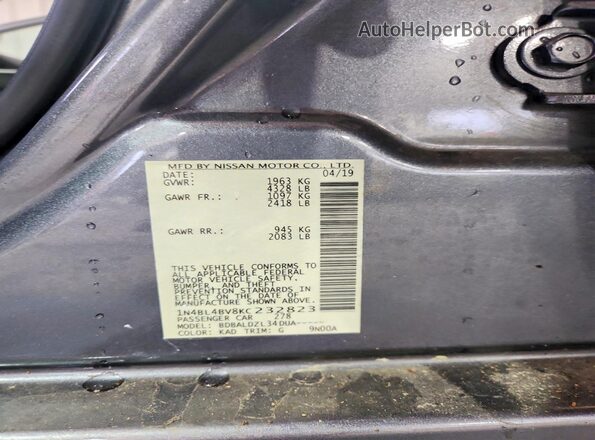 1N4BL4BV8KC232823 2019 NISSAN ALTIMA Charcoal Engine compartment view
