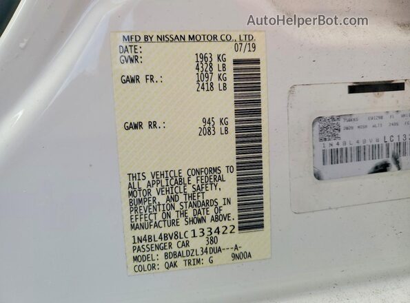 1N4BL4BV8LC133422 2020 NISSAN ALTIMA White ძრავის განყოფილების ხედი