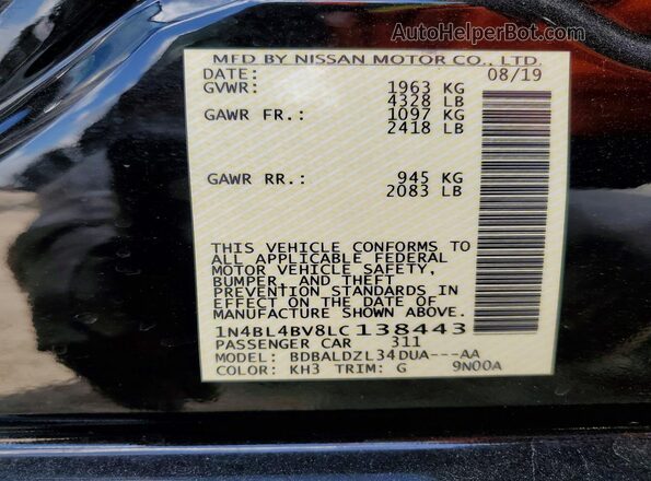 1N4BL4BV8LC138443 2020 NISSAN ALTIMA Black Vista de la etiqueta del VIN