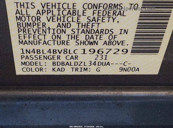 1N4BL4BV8LC196729 2020 NISSAN ALTIMA Gray Շարժիչի բաժամունքի տեսք