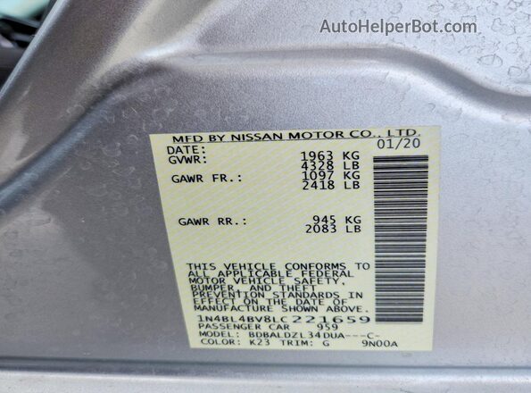 1N4BL4BV8LC221659 2020 NISSAN ALTIMA Silver VIN կոդի պիտակի տեսք
