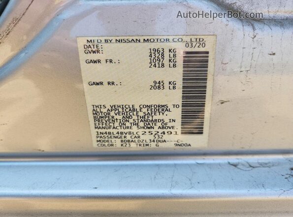 1N4BL4BV8LC252491 2020 NISSAN ALTIMA Серебряный Вид подкапотного пространства