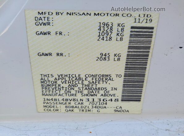 1N4BL4BV8LN313648 2020 NISSAN ALTIMA White Շարժիչի բաժամունքի տեսք