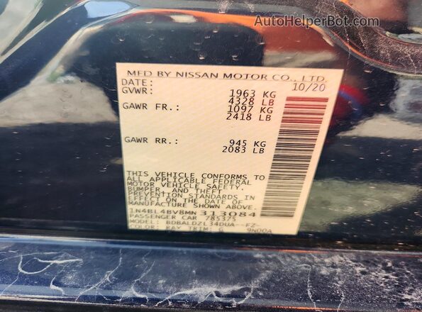1N4BL4BV8MN313084 2021 NISSAN ALTIMA Blue VIN կոդի պիտակի տեսք