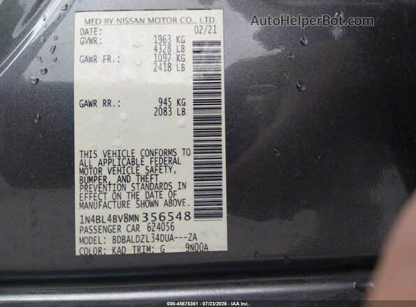 1N4BL4BV8MN356548 2021 NISSAN ALTIMA Gray Շարժիչի բաժամունքի տեսք