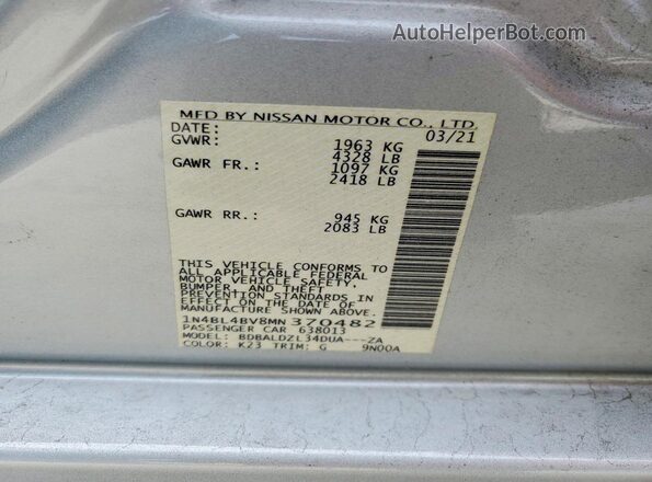 1N4BL4BV8MN370482 2021 NISSAN ALTIMA Серебряный Вид наклейки с VIN-кодом