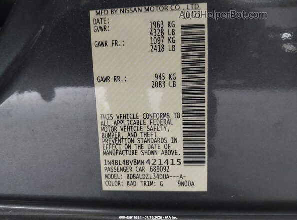 1N4BL4BV8MN421415 2021 NISSAN ALTIMA Серый Вид подкапотного пространства