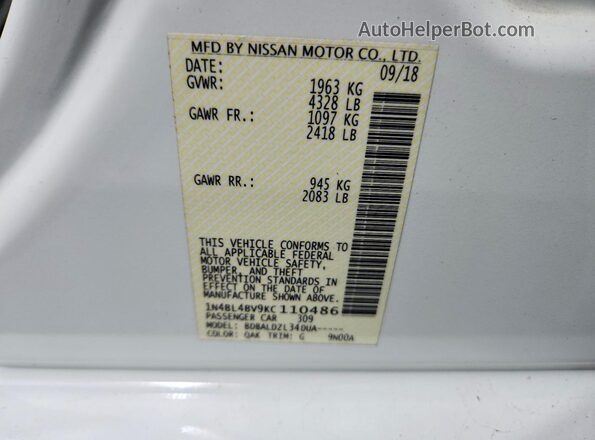 1N4BL4BV9KC110486 2019 NISSAN ALTIMA White Widok naklejki z numerem VIN